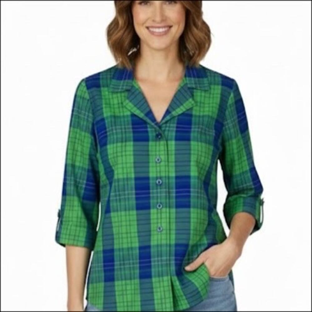 Vintage Sag Harbor Blue and Green Plaid Shirt Jacket Shacket Size 6 Petite